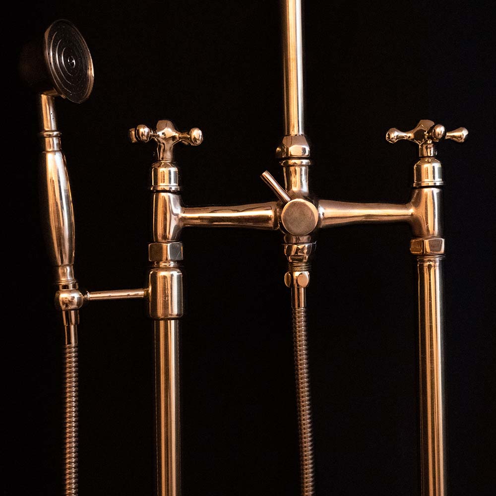 Unlacquered Brass Floor Mounted Tub Filler with Handshower, Natural Brass Freestanding Gooseneck Tub Filler with Handheld Floor Mounted Tub Filler