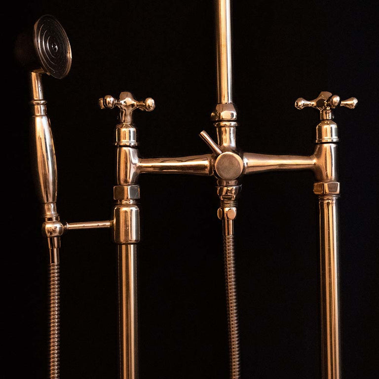 Unlacquered Brass Floor Mounted Tub Filler with Handshower, Natural Brass Freestanding Gooseneck Tub Filler with Handheld Floor Mounted Tub Filler