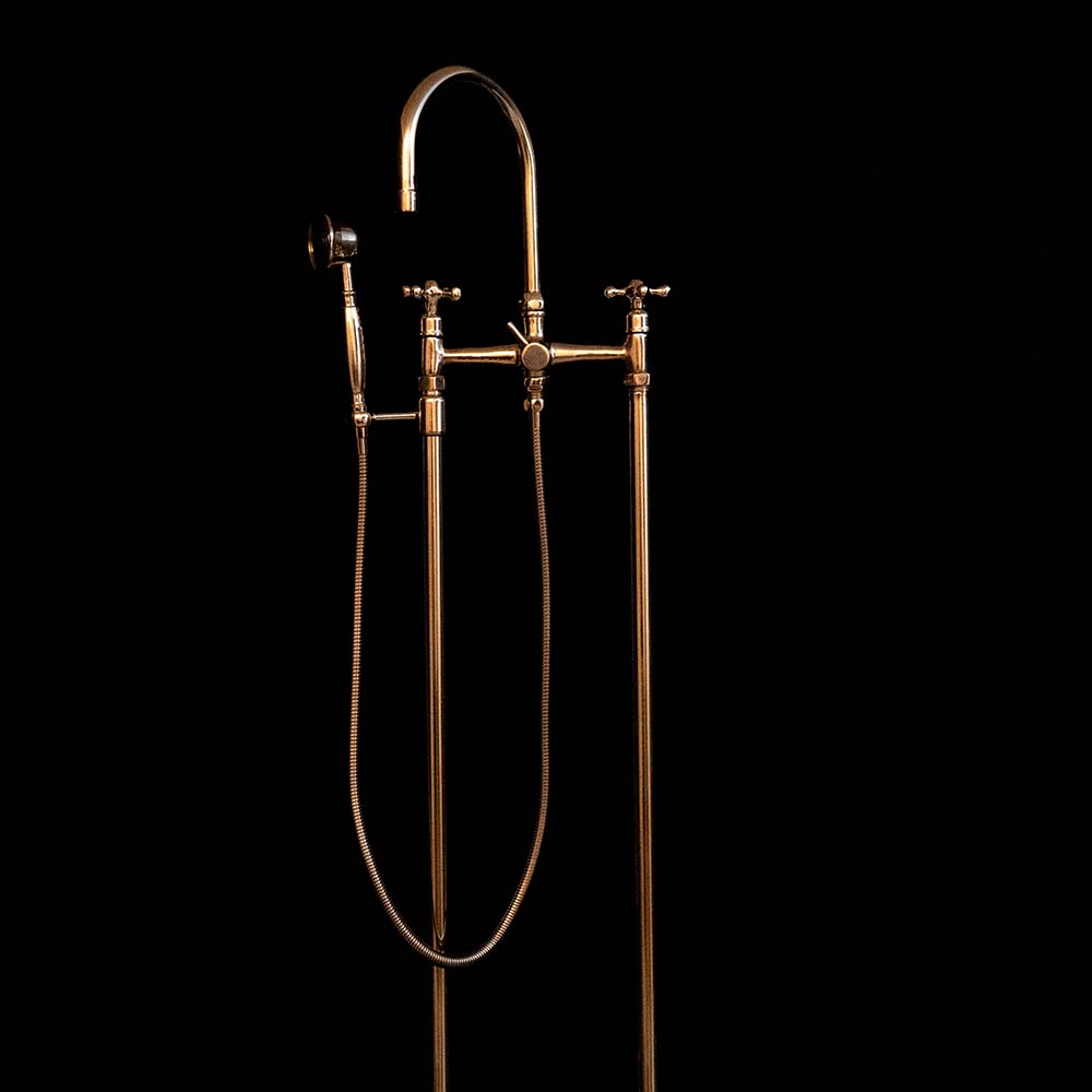 Unlacquered Brass Floor Mounted Tub Filler with Handshower, Natural Brass Freestanding Gooseneck Tub Filler with Handheld Floor Mounted Tub Filler