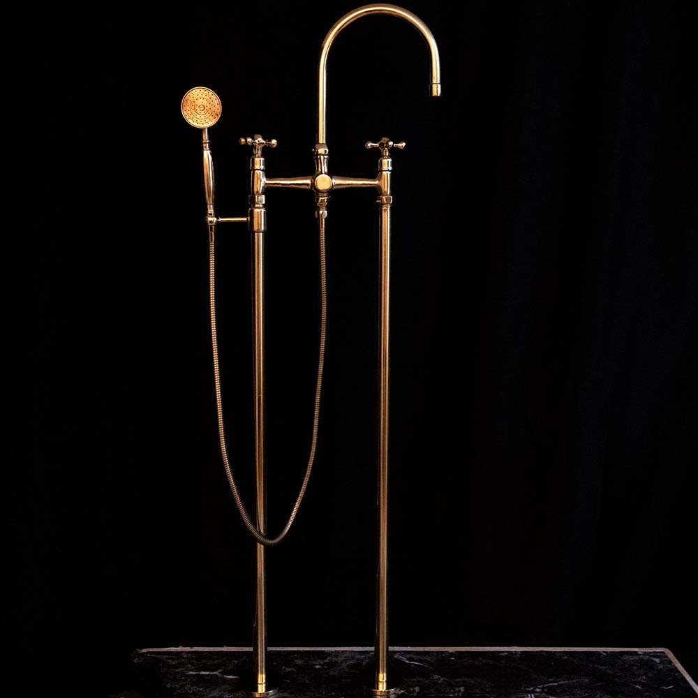 Unlacquered Brass Floor Mounted Tub Filler with Handshower, Natural Brass Freestanding Gooseneck Tub Filler with Handheld Floor Mounted Tub Filler