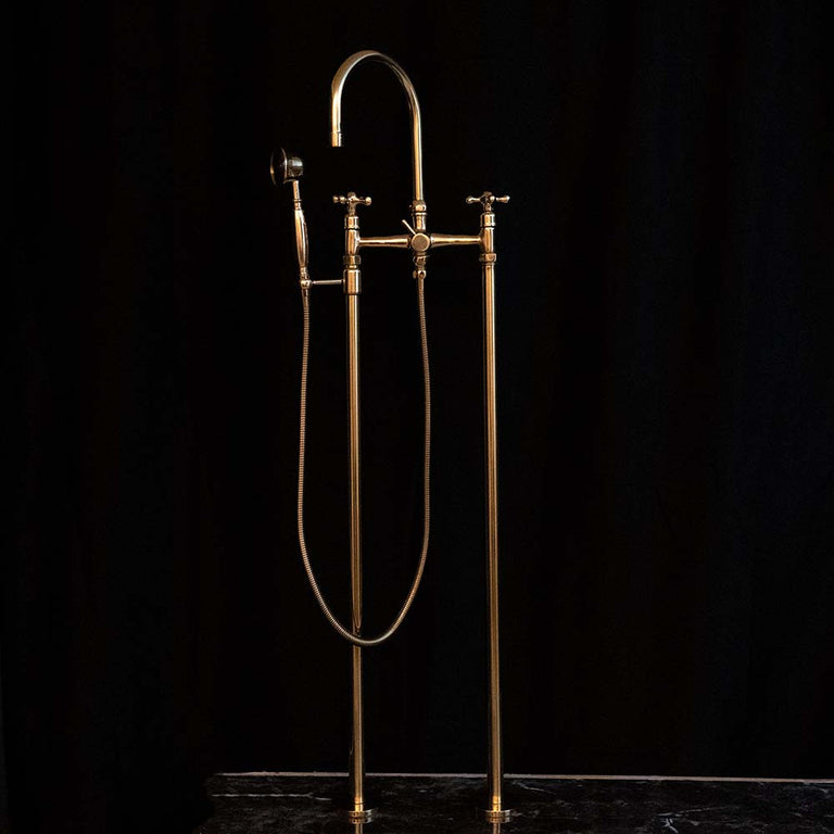Unlacquered Brass Floor Mounted Tub Filler with Handshower, Natural Brass Freestanding Gooseneck Tub Filler with Handheld Floor Mounted Tub Filler