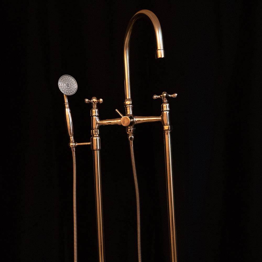 Unlacquered Brass Floor Mounted Tub Filler with Handshower, Natural Brass Freestanding Gooseneck Tub Filler with Handheld Floor Mounted Tub Filler