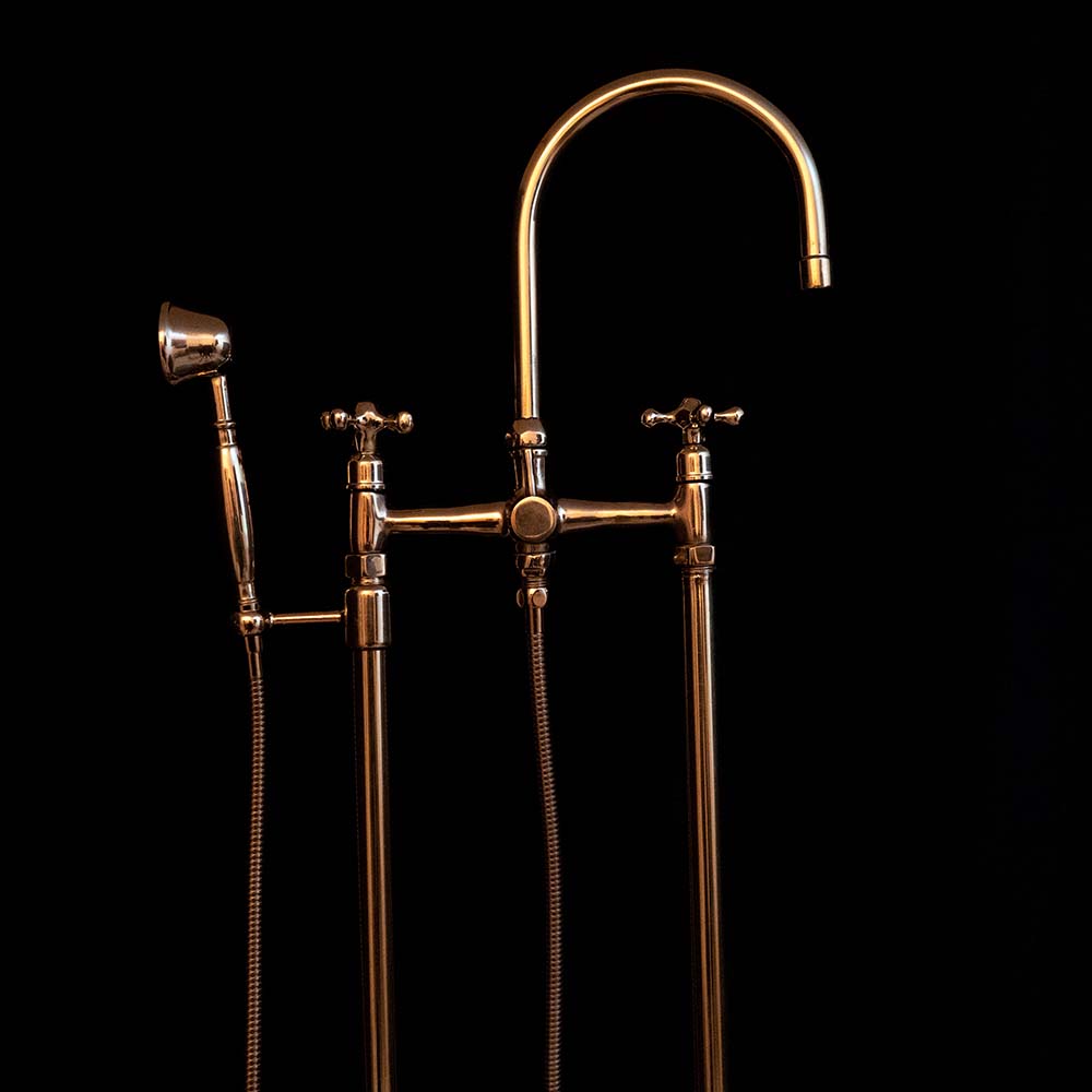 Unlacquered Brass Floor Mounted Tub Filler with Handshower, Natural Brass Freestanding Gooseneck Tub Filler with Handheld Floor Mounted Tub Filler