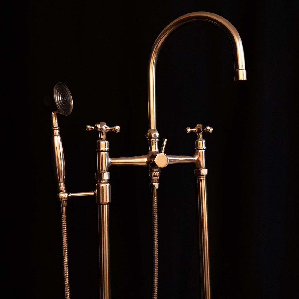 Unlacquered Brass Floor Mounted Tub Filler with Handshower, Natural Brass Freestanding Gooseneck Tub Filler with Handheld Floor Mounted Tub Filler