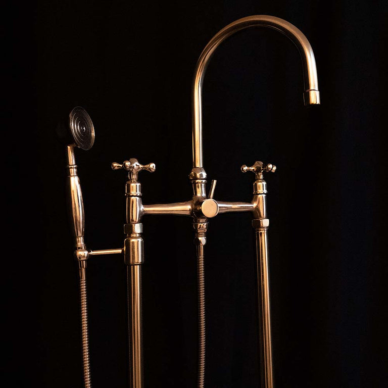 Unlacquered Brass Floor Mounted Tub Filler with Handshower, Natural Brass Freestanding Gooseneck Tub Filler with Handheld Floor Mounted Tub Filler