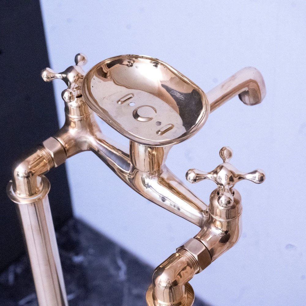 Solid Brass Bathroom Free Standing Clawfoot Bathtub Faucet With Brass soap holder, Unlacquered Brass Floor Mount Bath Tub Filler, Free Standing Clawfoot Faucet With Brass soap holder