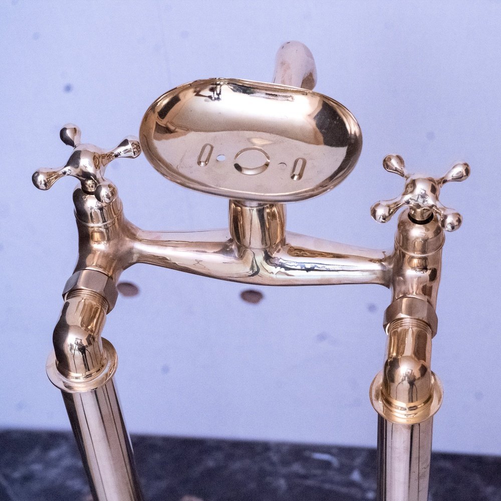 Solid Brass Bathroom Free Standing Clawfoot Bathtub Faucet With Brass soap holder, Unlacquered Brass Floor Mount Bath Tub Filler, Free Standing Clawfoot Faucet With Brass soap holder