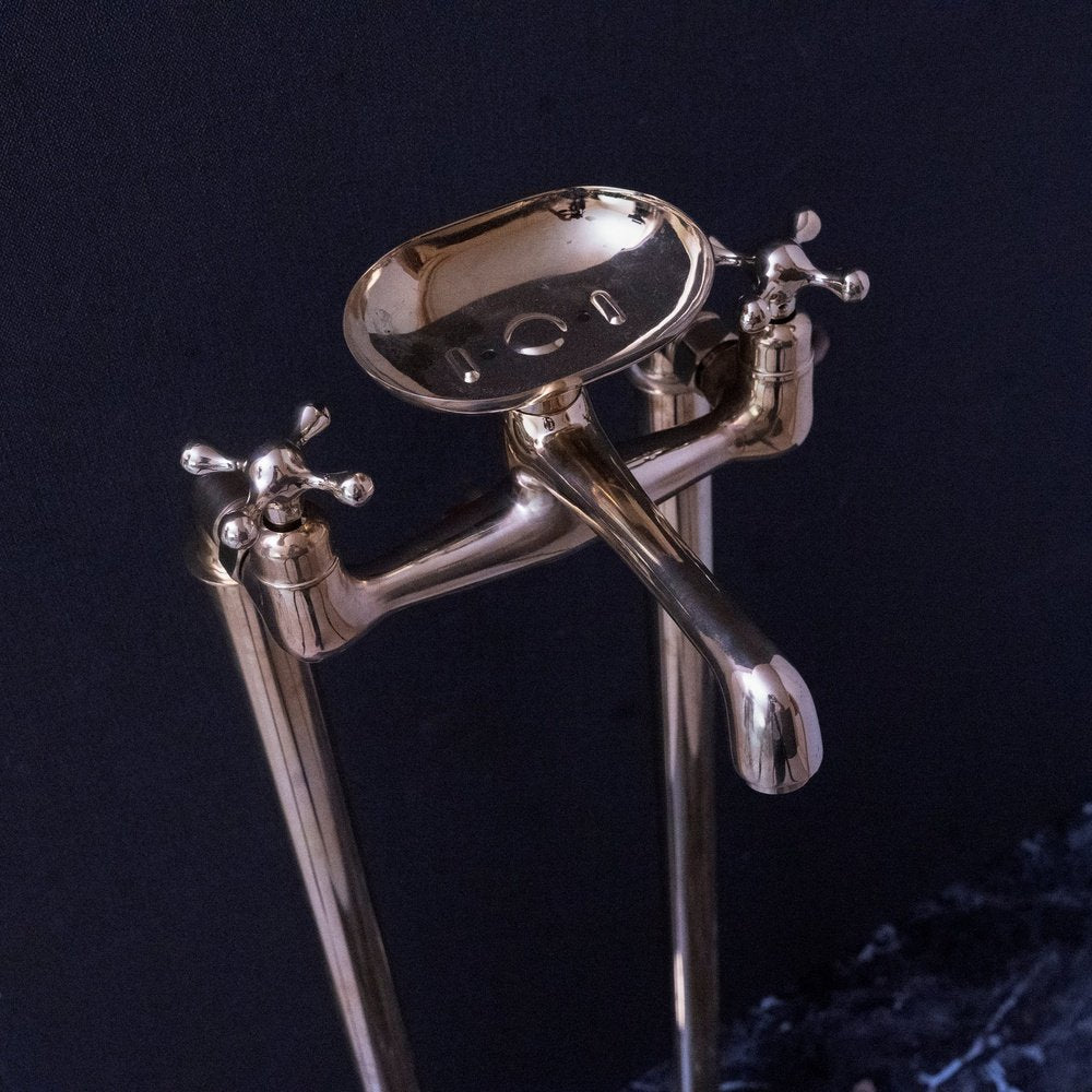 Solid Brass Bathroom Free Standing Clawfoot Bathtub Faucet With Brass soap holder, Unlacquered Brass Floor Mount Bath Tub Filler, Free Standing Clawfoot Faucet With Brass soap holder
