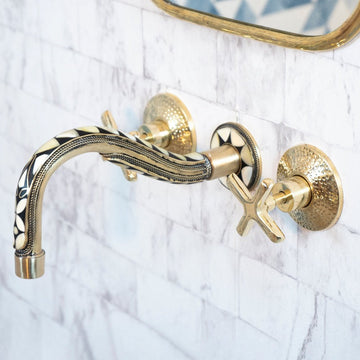 Handcrafted Cobra Wood & Brass Wall Mounted faucet, Hot and Cold wall Mount Bath Faucet Handcrafted Cobra Wood & Brass Wall Mounted faucet