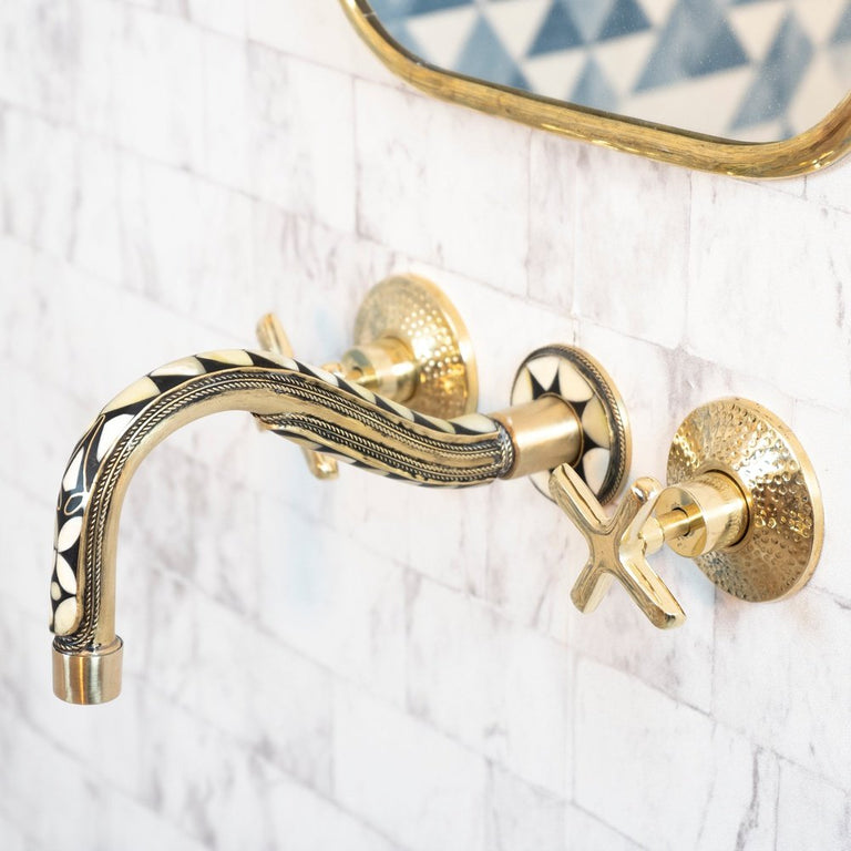 Handcrafted Cobra Wood & Brass Wall Mounted faucet, Hot and Cold wall Mount Bath Faucet Handcrafted Cobra Wood & Brass Wall Mounted faucet