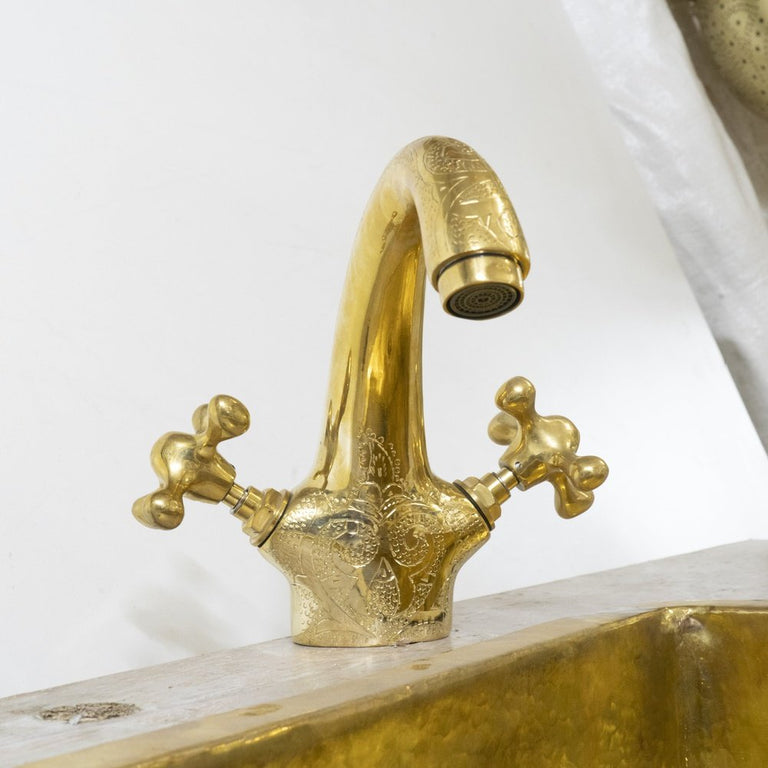 Engraved Brass Sink Vanity Faucet, Bathroom Hot and Cold Brass Faucet AquaLuxe Vanity Faucet