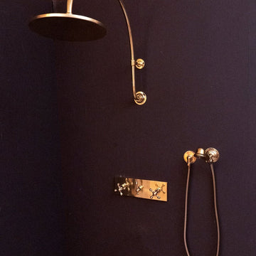 Handcrafted Solid Brass Shower Head And handheld Set, Unlacquered Brass Rain Shower Set With Curved Arm and Rectangular Backplate Shower Head And handheld Set SP