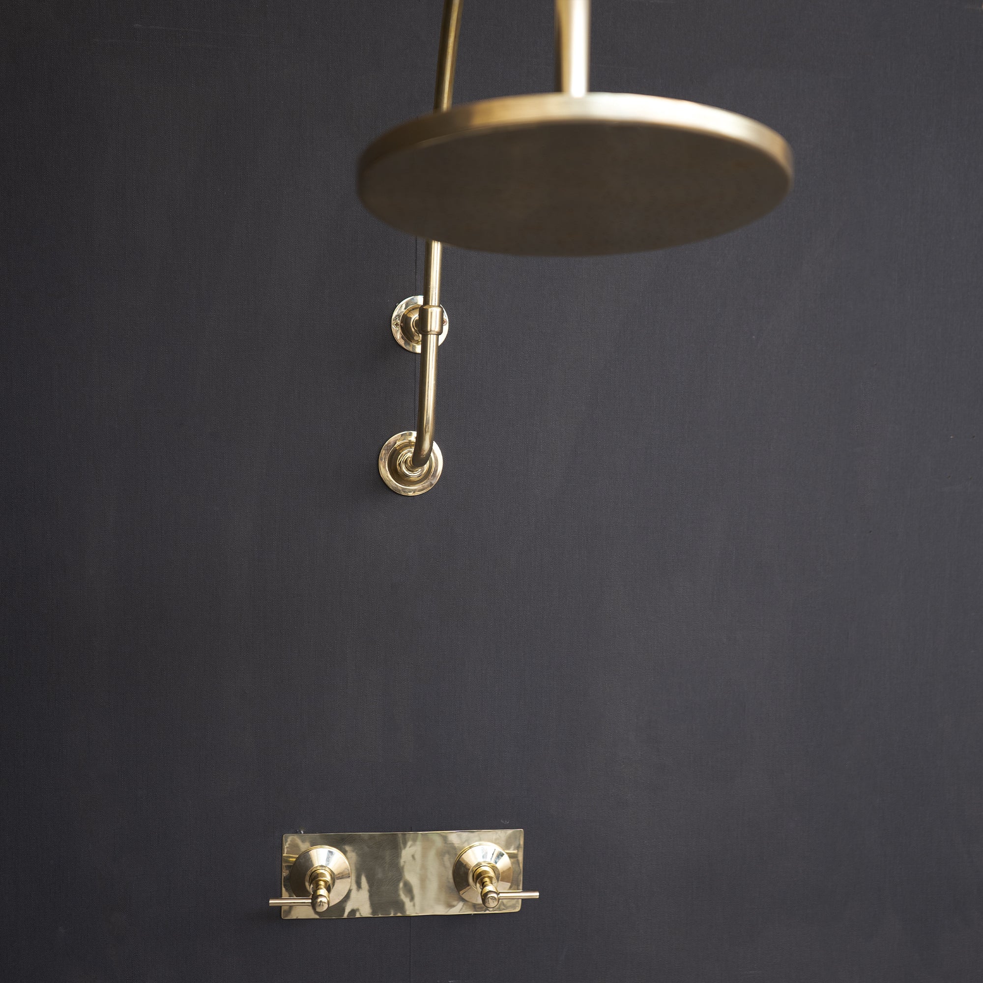 Handcrafted unlacquered brass shower Head With Curved Arm , Rainfall Head Shower with arcuate arm The Charm Shower