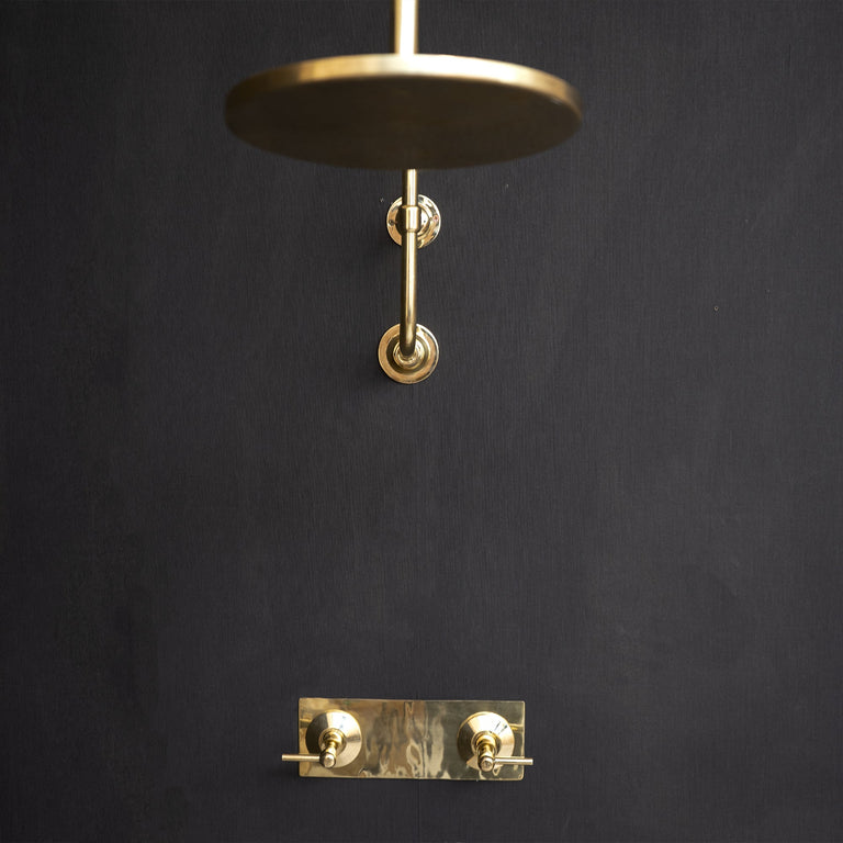 Handcrafted unlacquered brass shower Head With Curved Arm , Rainfall Head Shower with arcuate arm Charm Brass Shower Set