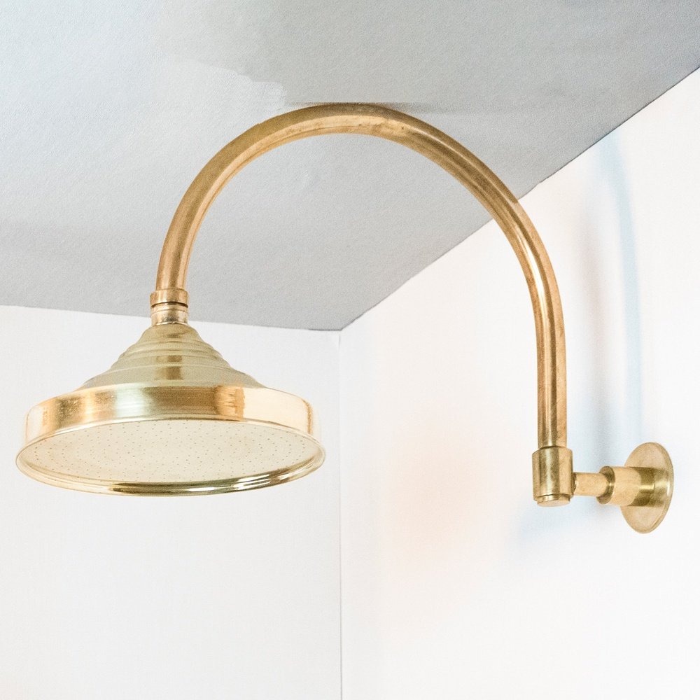 Handcrafted unlacquered brass shower system, Rainfall Head Shower OpalFlow Shower Set