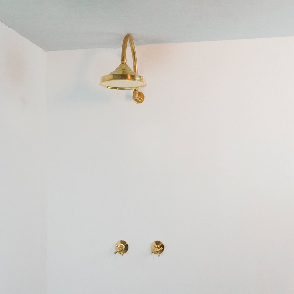 Handcrafted unlacquered brass shower system, Rainfall Head Shower OpalFlow Shower Set