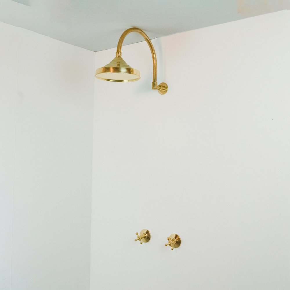 Handcrafted unlacquered brass shower system, Rainfall Head Shower OpalFlow Shower Set