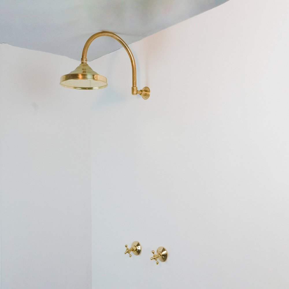 Handcrafted unlacquered brass shower system - Brassna