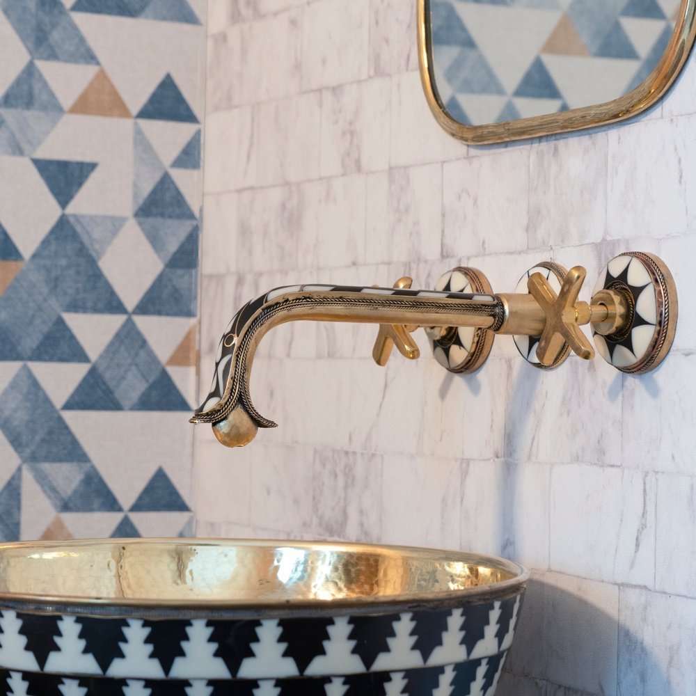 Handcrafted Gooseneck Wood & Brass Wall Mounted faucet, Hot and Cold Bathroom Faucet Wood & Brass Wall Faucet