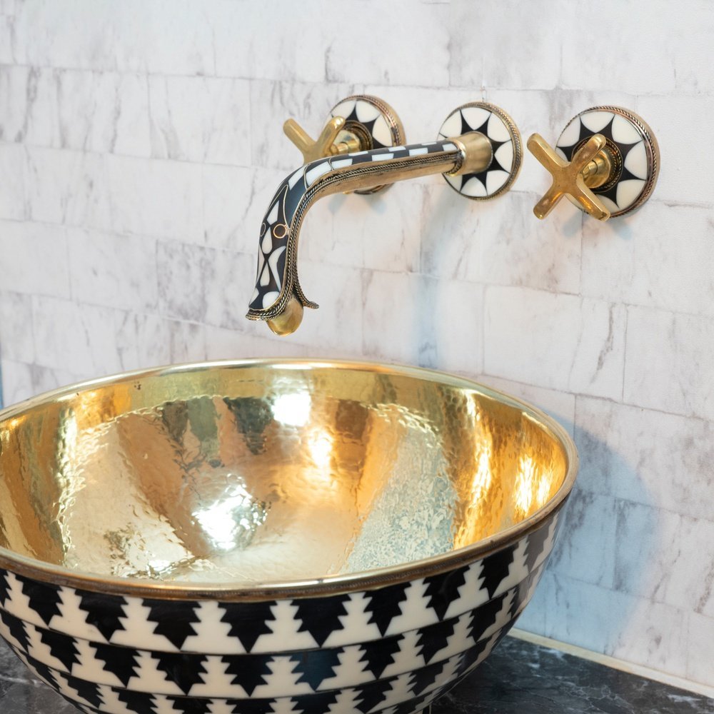 Handcrafted Gooseneck Wood & Brass Wall Mounted faucet, Hot and Cold Bathroom Faucet Wood & Brass Wall Faucet