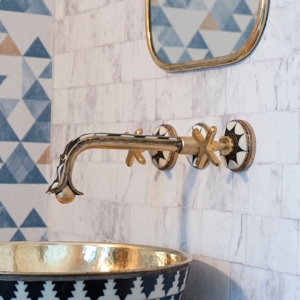 Handcrafted Gooseneck Wood & Brass Wall Mounted faucet, Hot and Cold Bathroom Faucet Wood & Brass Wall Faucet
