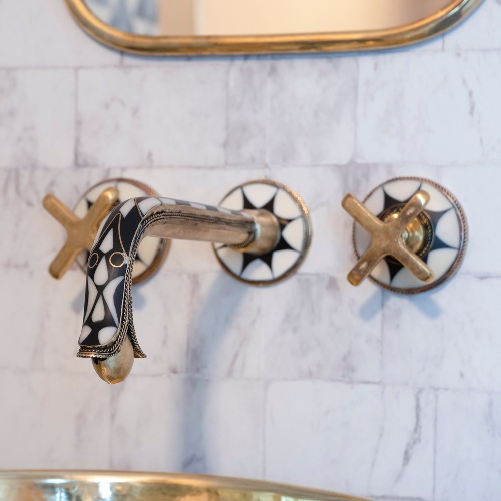 Handcrafted Gooseneck Wood & Brass Wall Mounted faucet, Hot and Cold Bathroom Faucet Wood & Brass Wall Faucet