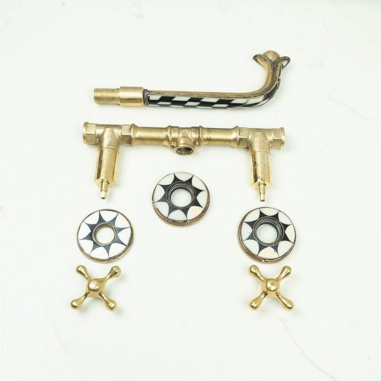 Handcrafted Gooseneck Wood & Brass Wall Mounted faucet, Hot and Cold Bathroom Faucet Wood & Brass Wall Faucet