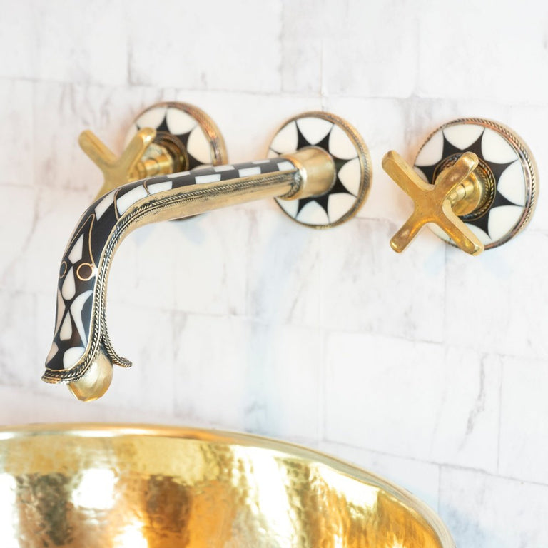 Handcrafted Gooseneck Wood & Brass Wall Mounted faucet, Hot and Cold Bathroom Faucet Wood & Brass Wall Faucet