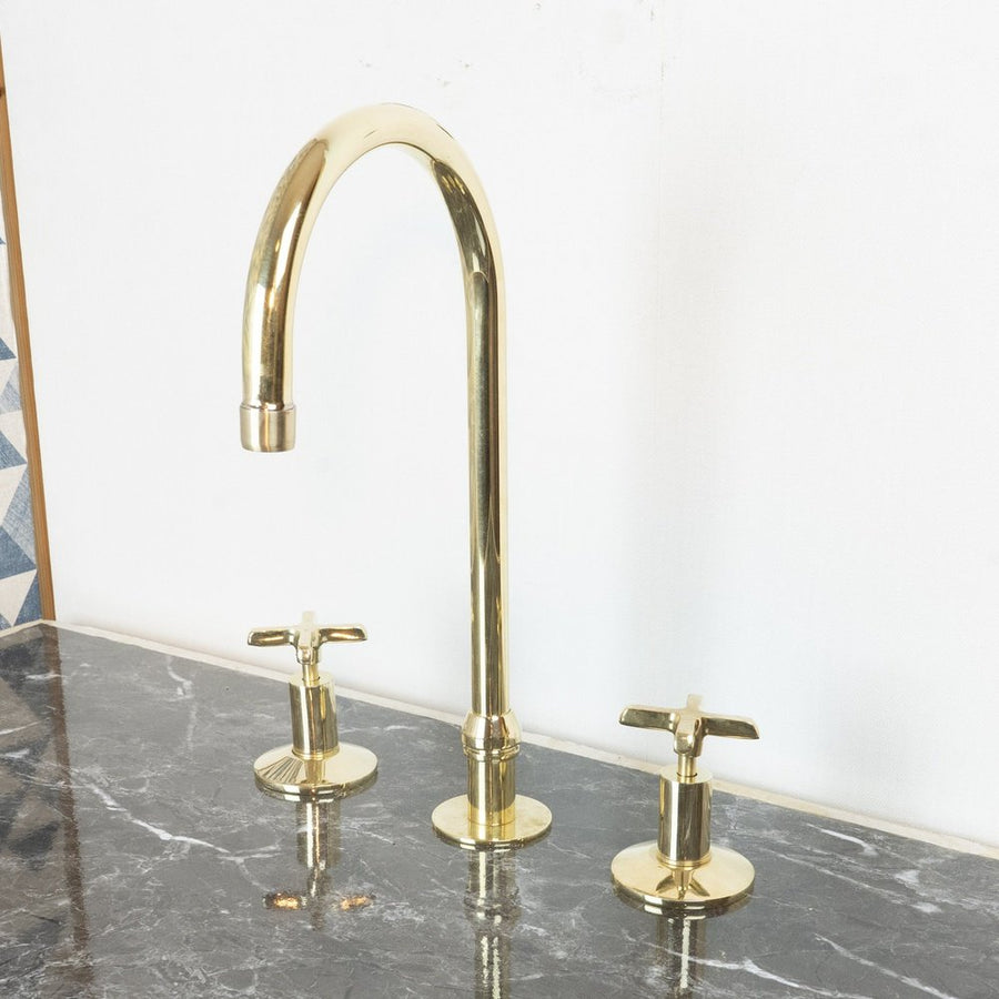 Handmade Widespread Unlacquered Brass Kitchen Faucet - Brassna