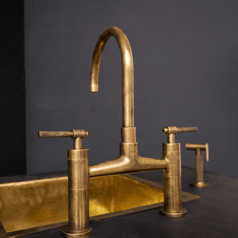 Bridge Kitchen Faucet with Simple Cross Handles, Brass Faucet with customizable spout reach and length Mykonos Bridge Faucet SP