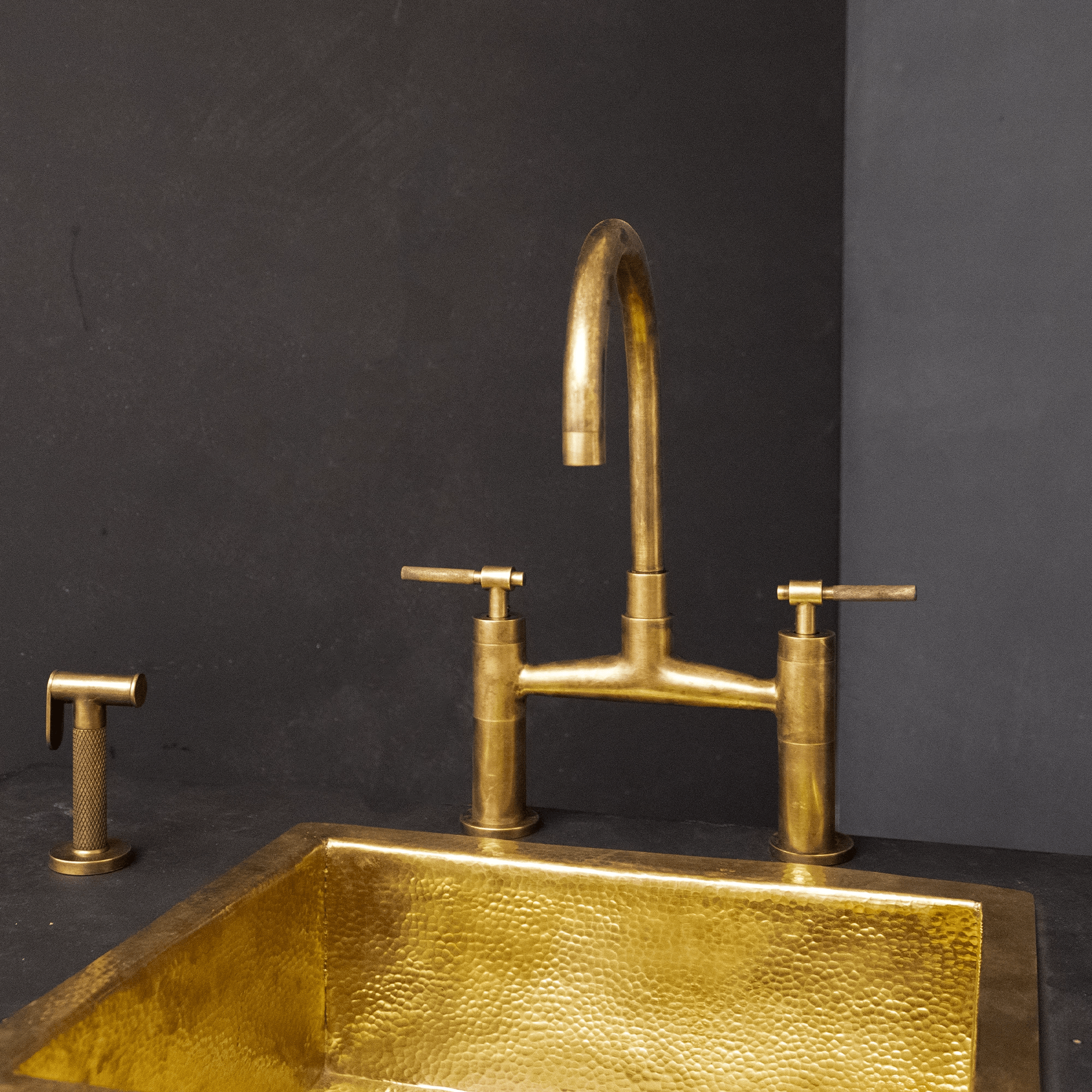 Bridge Kitchen Faucet with Simple Cross Handles, Brass Faucet with customizable spout reach and length Mykonos Bridge Faucet