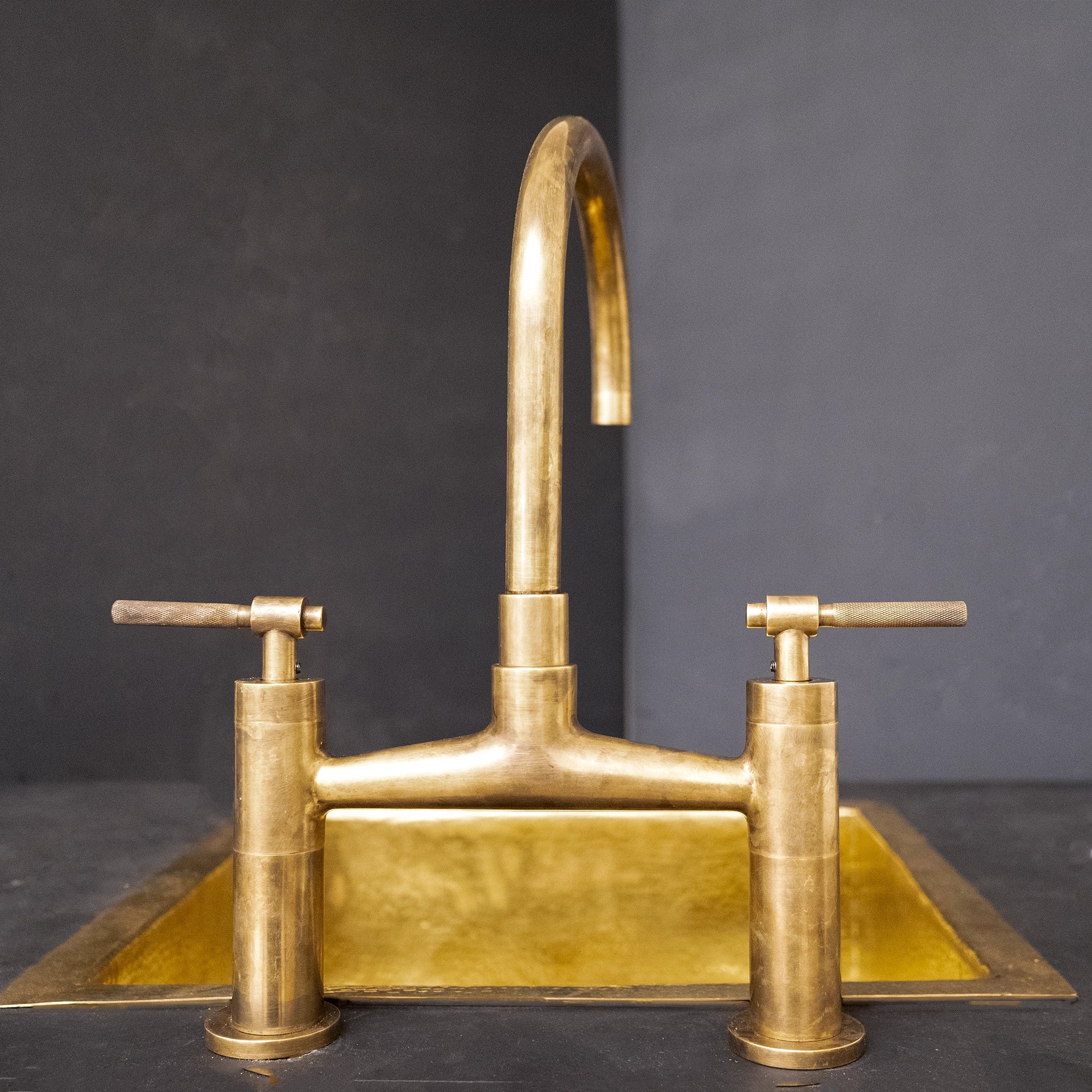 Unlacquered Brass Bridge Kitchen Faucet with Separate Side Sprayer Front View