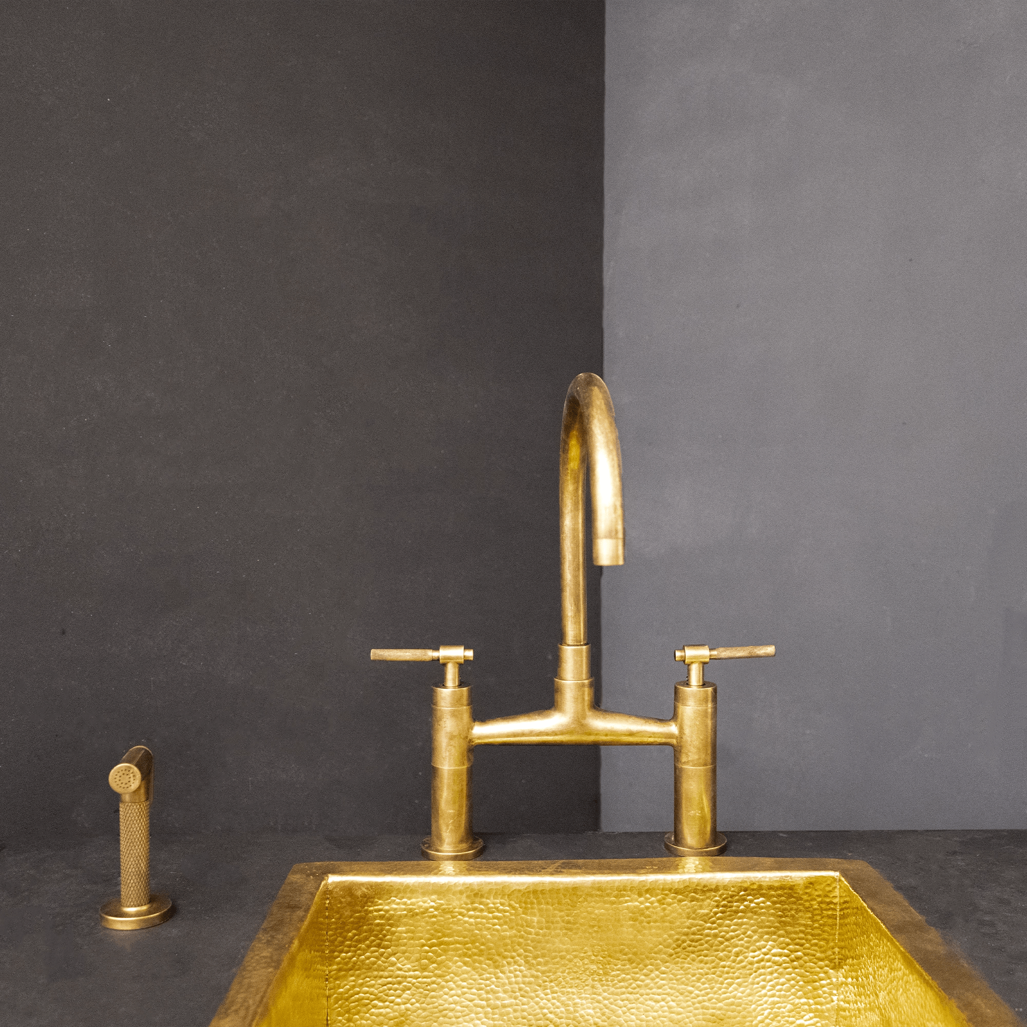 Bridge Kitchen Faucet with Simple Cross Handles, Brass Faucet with customizable spout reach and length Mykonos Bridge Faucet