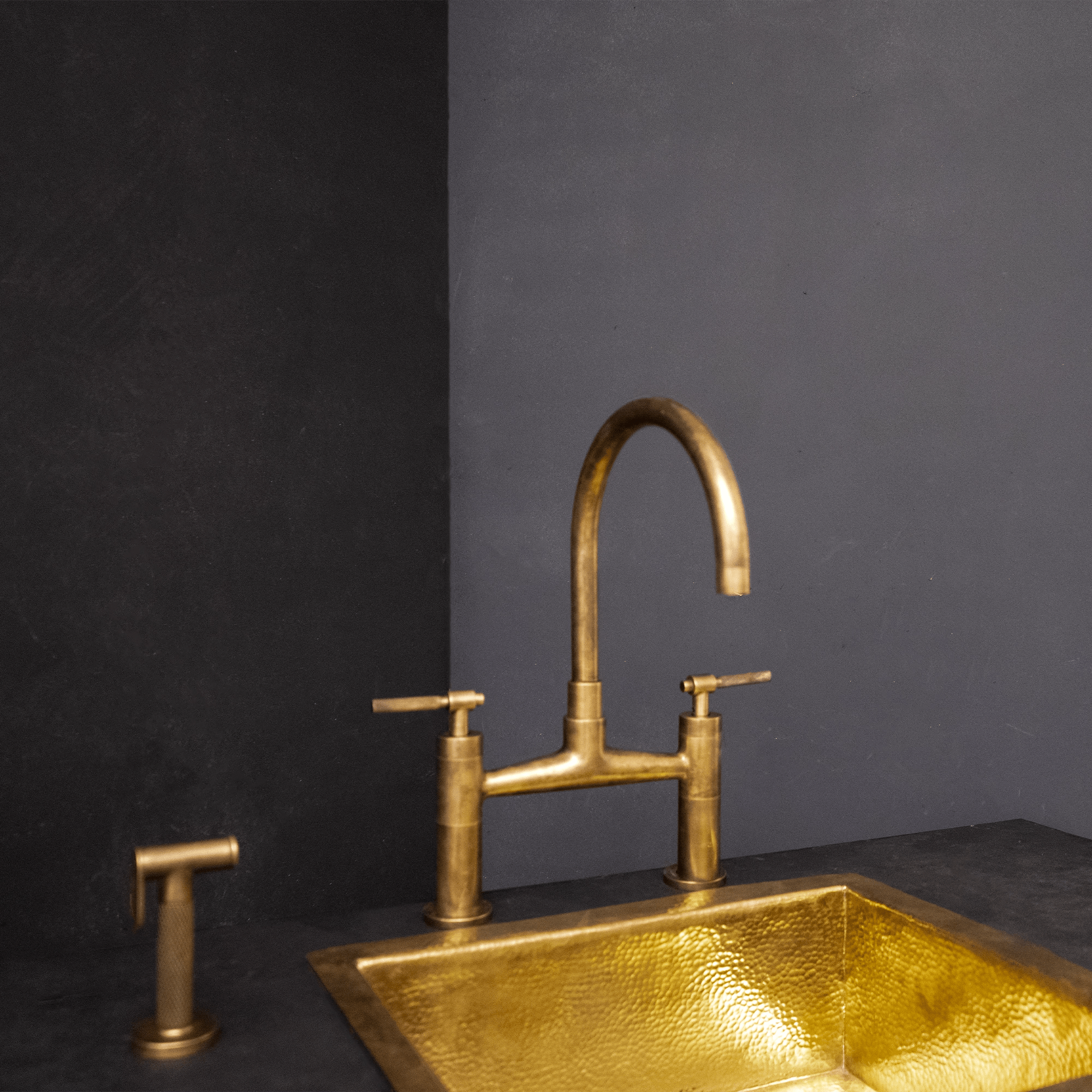 "Brass Side Sprayer Detail next to Traditional Bridge Faucet