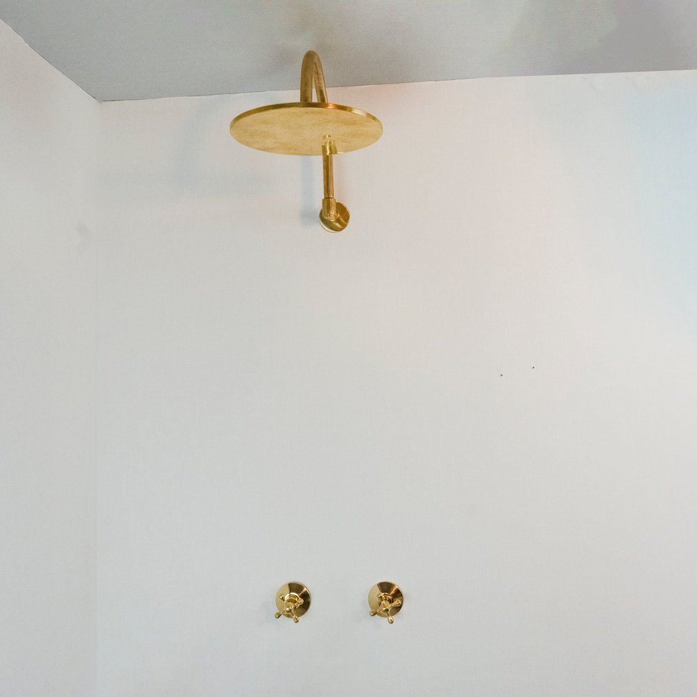 Rainfall Brass Shower System With Victorian Arm, Handcrafted Round Shower Head Rainfall Brass Shower System With Victorian Arm