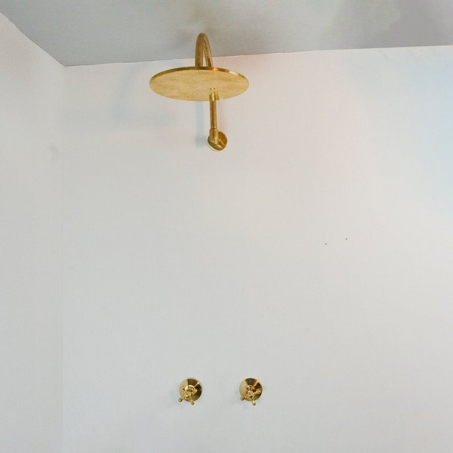 Rainfall Brass Shower System With Victorian Arm, Handcrafted Round Shower Head Rainfall Brass Shower System With Victorian Arm