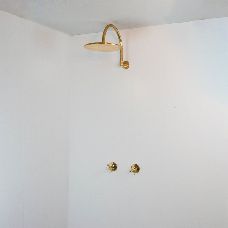 Rainfall Brass Shower System With Victorian Arm, Handcrafted Round Shower Head Rainfall Brass Shower System With Victorian Arm