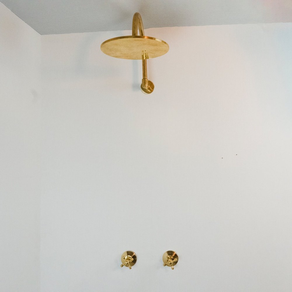 Rainfall Brass Shower System With Victorian Arm, Handcrafted Round Shower Head Rainfall Brass Shower System With Victorian Arm