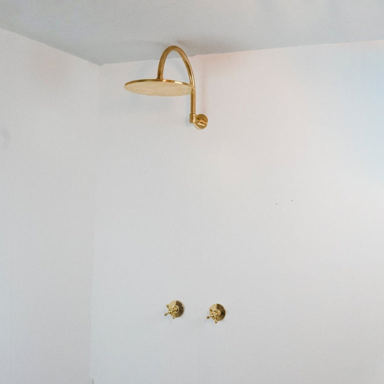 Rainfall Brass Shower System With Victorian Arm, Handcrafted Round Shower Head Rainfall Brass Shower System With Victorian Arm