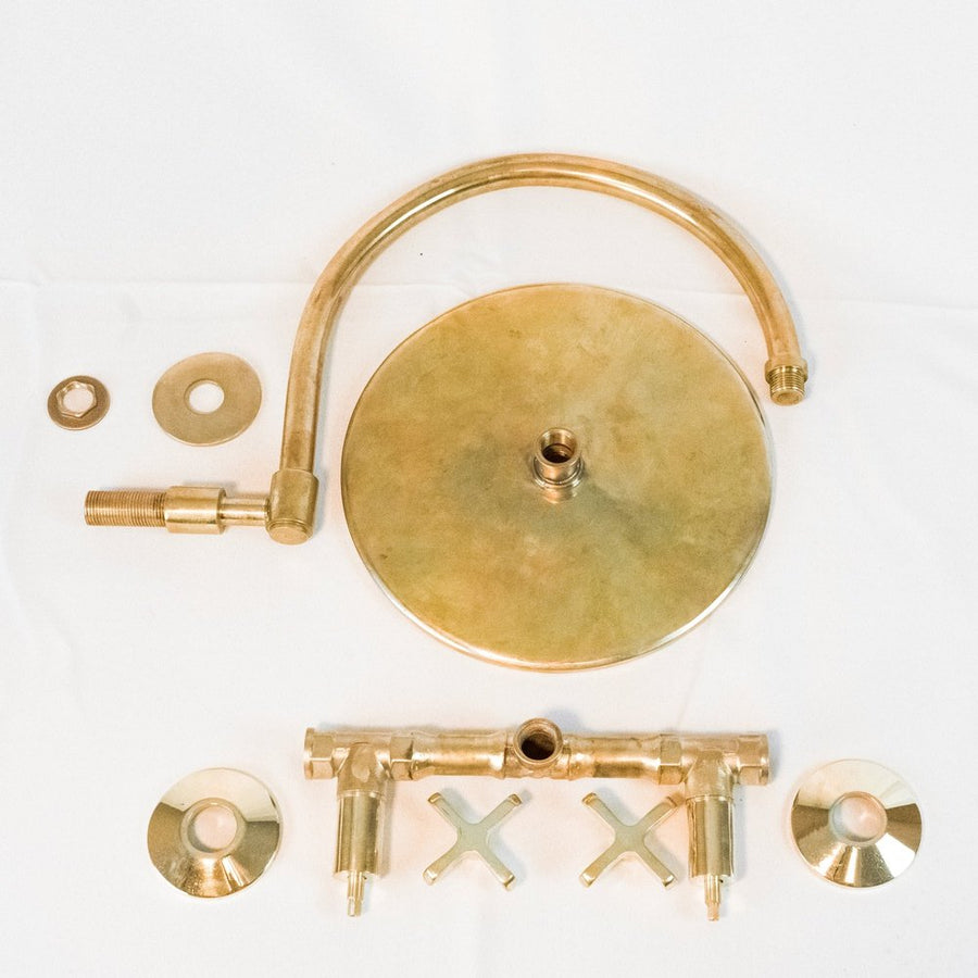 Rainfall Brass Shower System With Victorian Arm, Handcrafted Round Shower Head Rainfall Brass Shower System With Victorian Arm