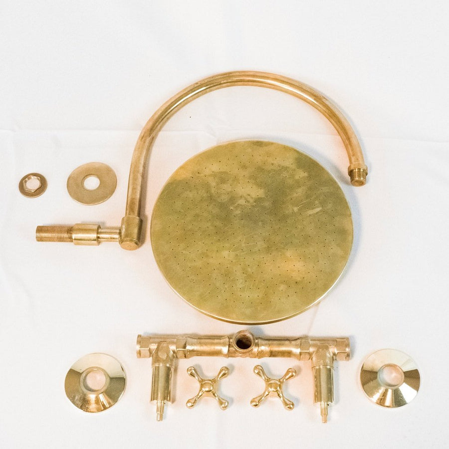 Rainfall Brass Shower System With Victorian Arm, Handcrafted Round Shower Head Rainfall Brass Shower System With Victorian Arm