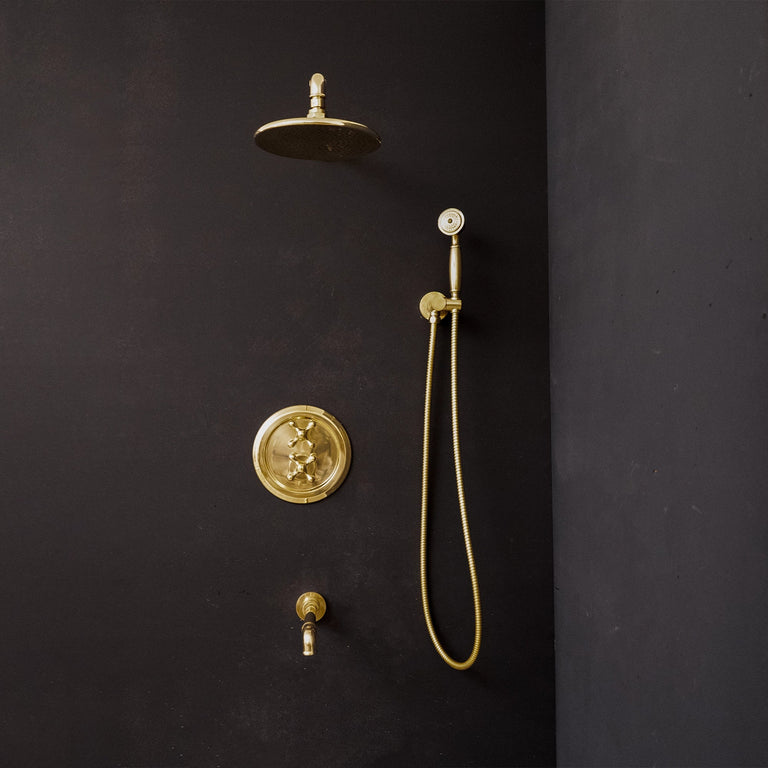 Antique Brass Concealed Shower Head With Arm And Hand Shower Luxury Thermostatic Shower Set