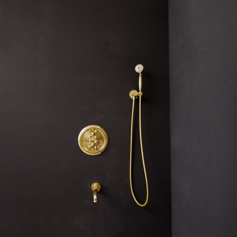 Antique Brass Concealed Shower Head With Arm And Hand Shower Luxury Thermostatic Shower Set