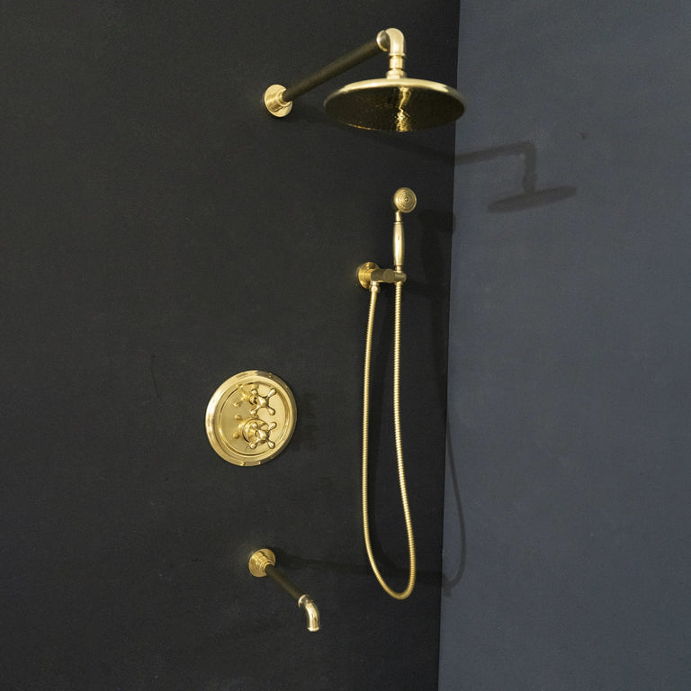 Antique Brass Concealed Shower Head With Arm And Hand Shower Luxury Thermostatic Shower Set