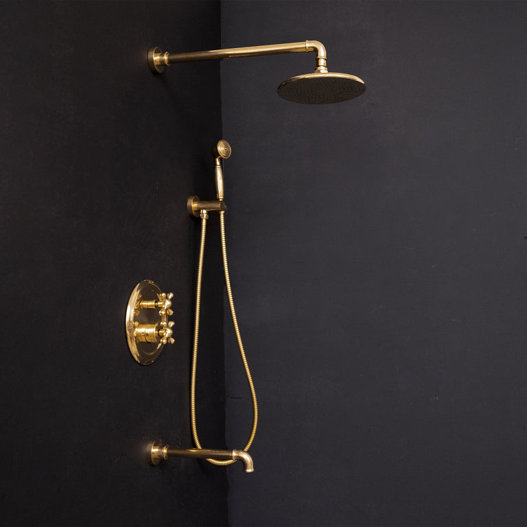 Antique Brass Concealed Shower Head With Arm And Hand Shower Luxury Thermostatic Shower Set