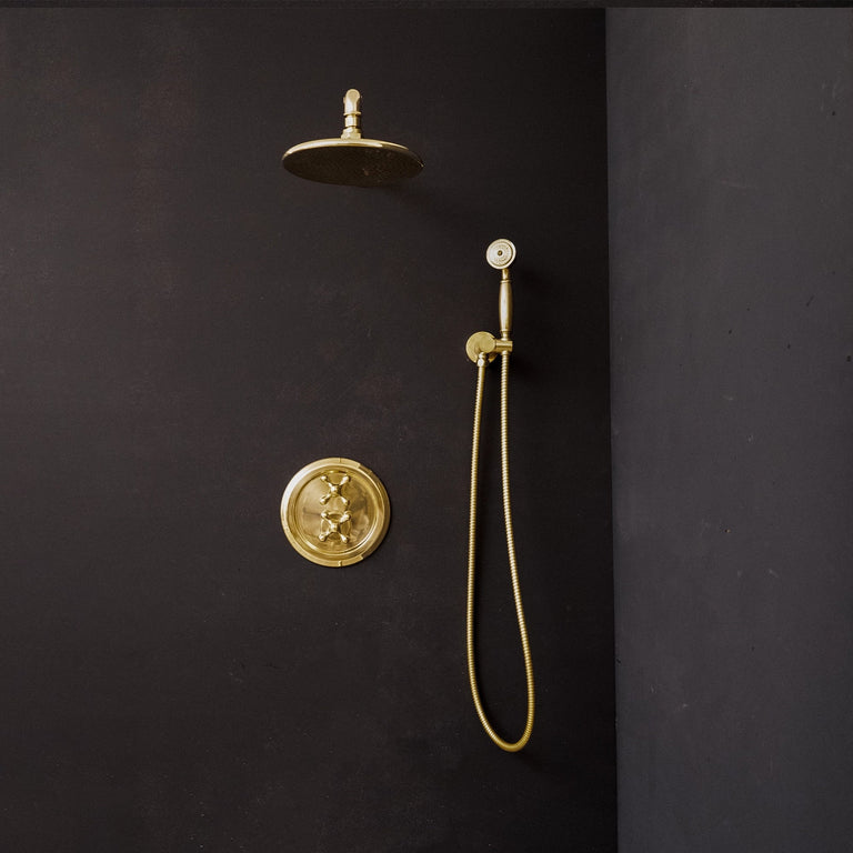 Antique Brass Concealed Shower Head With Arm And Hand Shower Luxury Thermostatic Shower Set