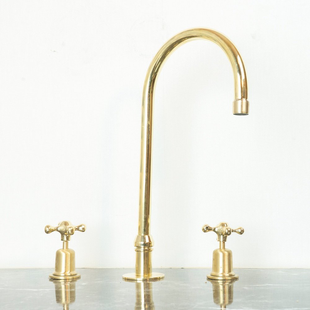 The Bell Widespread Unlacquered Brass Kitchen Faucet, Deck Mounted 3 holes Countertop Faucet The Bell Widespread Unlacquered Brass Kitchen Faucet