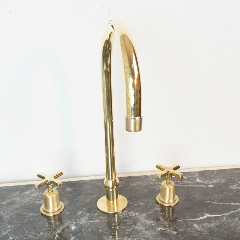 The Bell Widespread Unlacquered Brass Kitchen Faucet, Deck Mounted 3 holes Countertop Faucet The Bell Widespread Unlacquered Brass Kitchen Faucet
