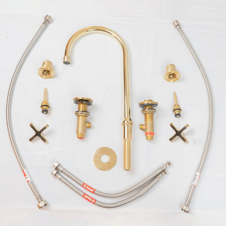 The Bell Widespread Unlacquered Brass Kitchen Faucet, Deck Mounted 3 holes Countertop Faucet The Bell Widespread Unlacquered Brass Kitchen Faucet