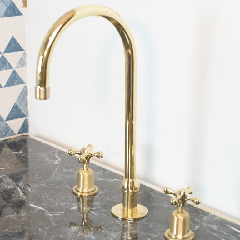 The Bell Widespread Unlacquered Brass Kitchen Faucet, Deck Mounted 3 holes Countertop Faucet The Bell Widespread Unlacquered Brass Kitchen Faucet